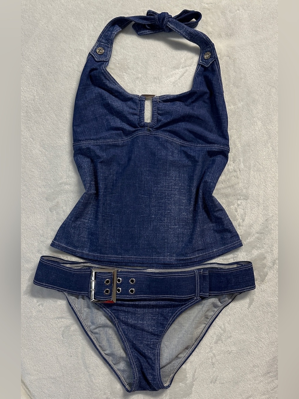 Y2K POINT ZERO women's 2pc denim print cheeky belted tankini swim set, M.